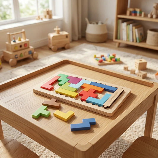 Wooden mind puzzle game with colorful interlocking block pieces on wooden tray
