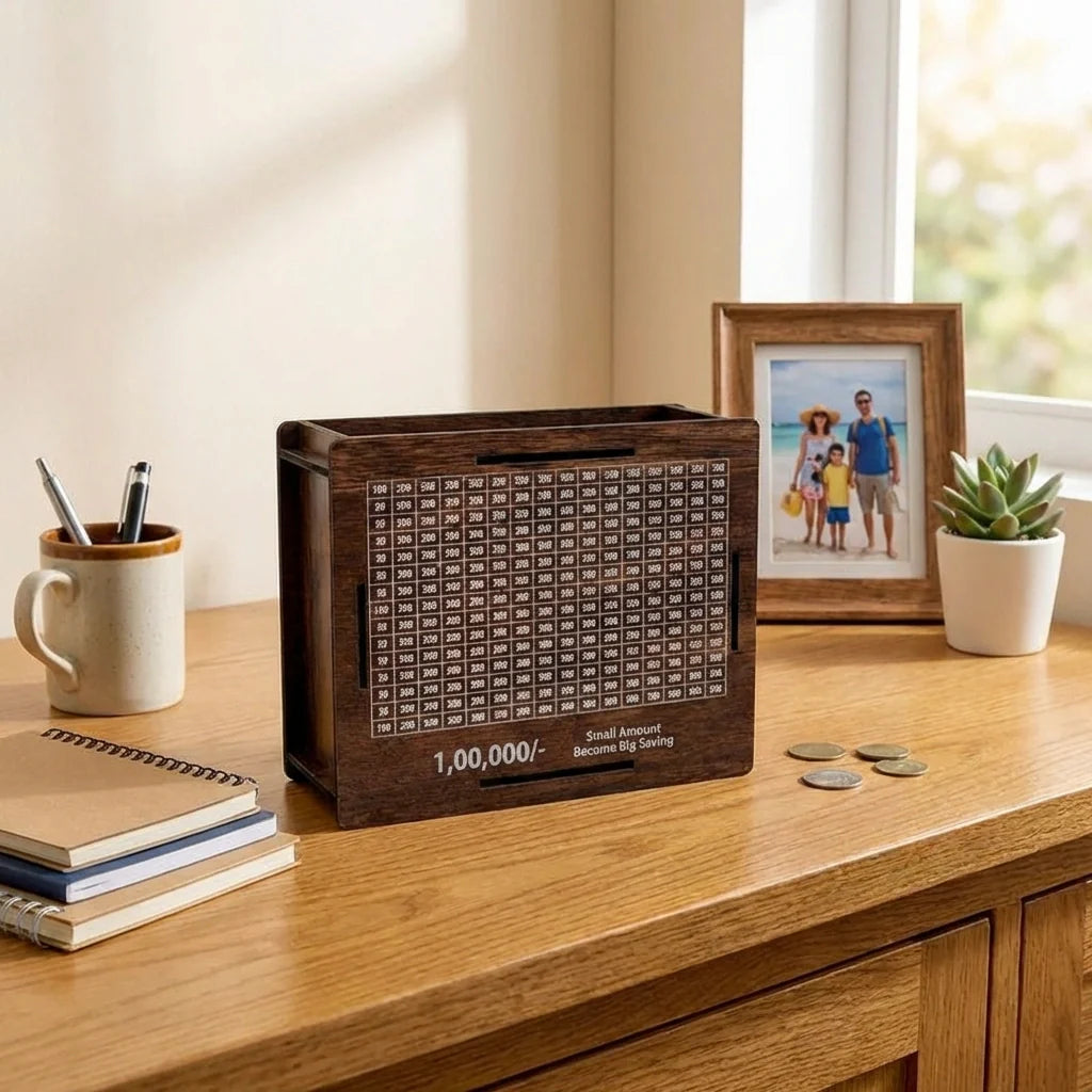 Dark brown wooden money box with numbered savings grid on desk