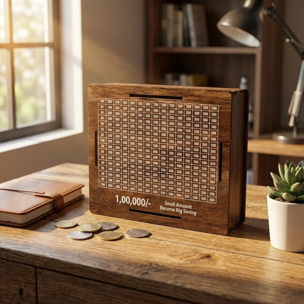 Dark brown wooden money box with numbered savings grid and coins on tabletop