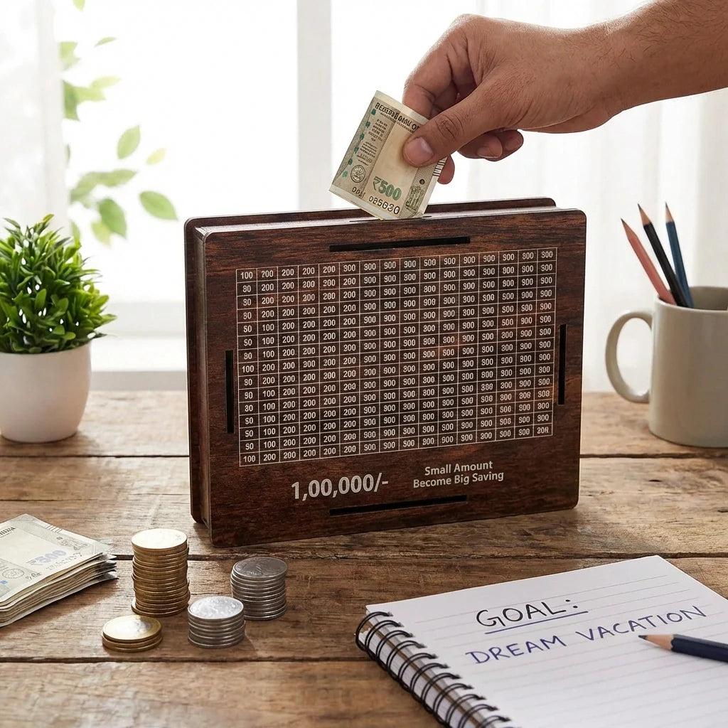 Dark brown wooden money box with numbered savings grid; hand inserts cash