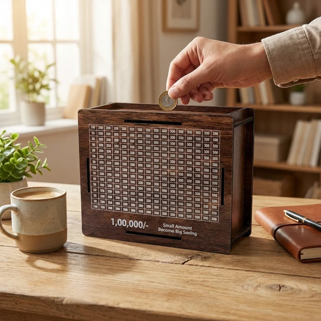 Dark brown wooden money box with hand placing a coin into the top slot