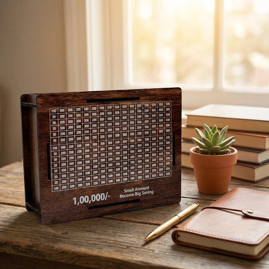 Dark brown wooden money box with numbered savings grid and coin slot