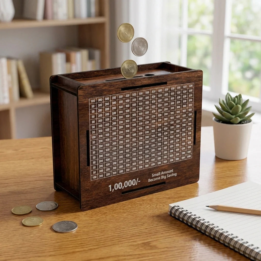 Dark brown wooden money box with numbered savings grid; coins above the slot