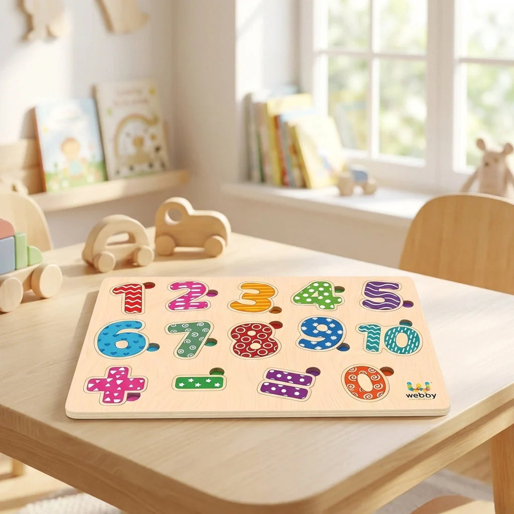 Wooden number puzzle learning board with colorful numbered pieces and grid tray