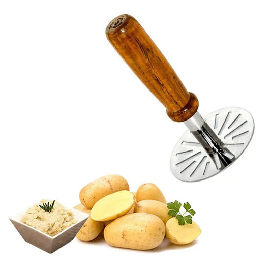 Wooden potato masher with round metal mashing plate and wooden handle