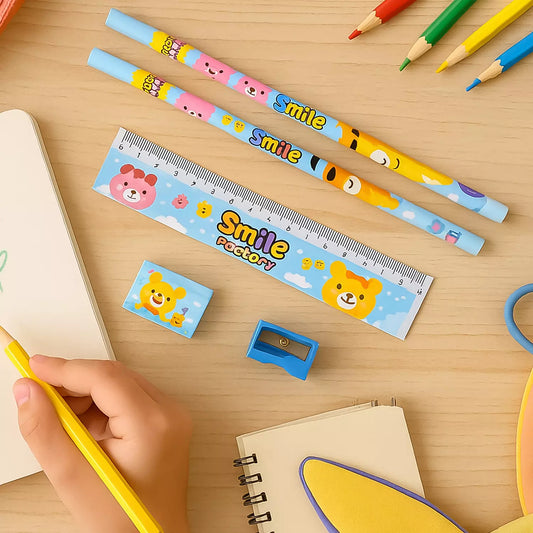 Wooden pencil gift set with colorful cartoon smiley pencils, yellow and light blue shafts.