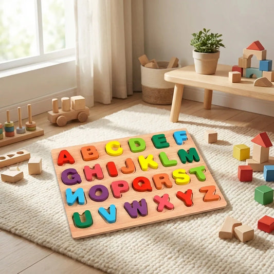 Wooden ABC letters puzzle board with colorful alphabet tiles and pegs