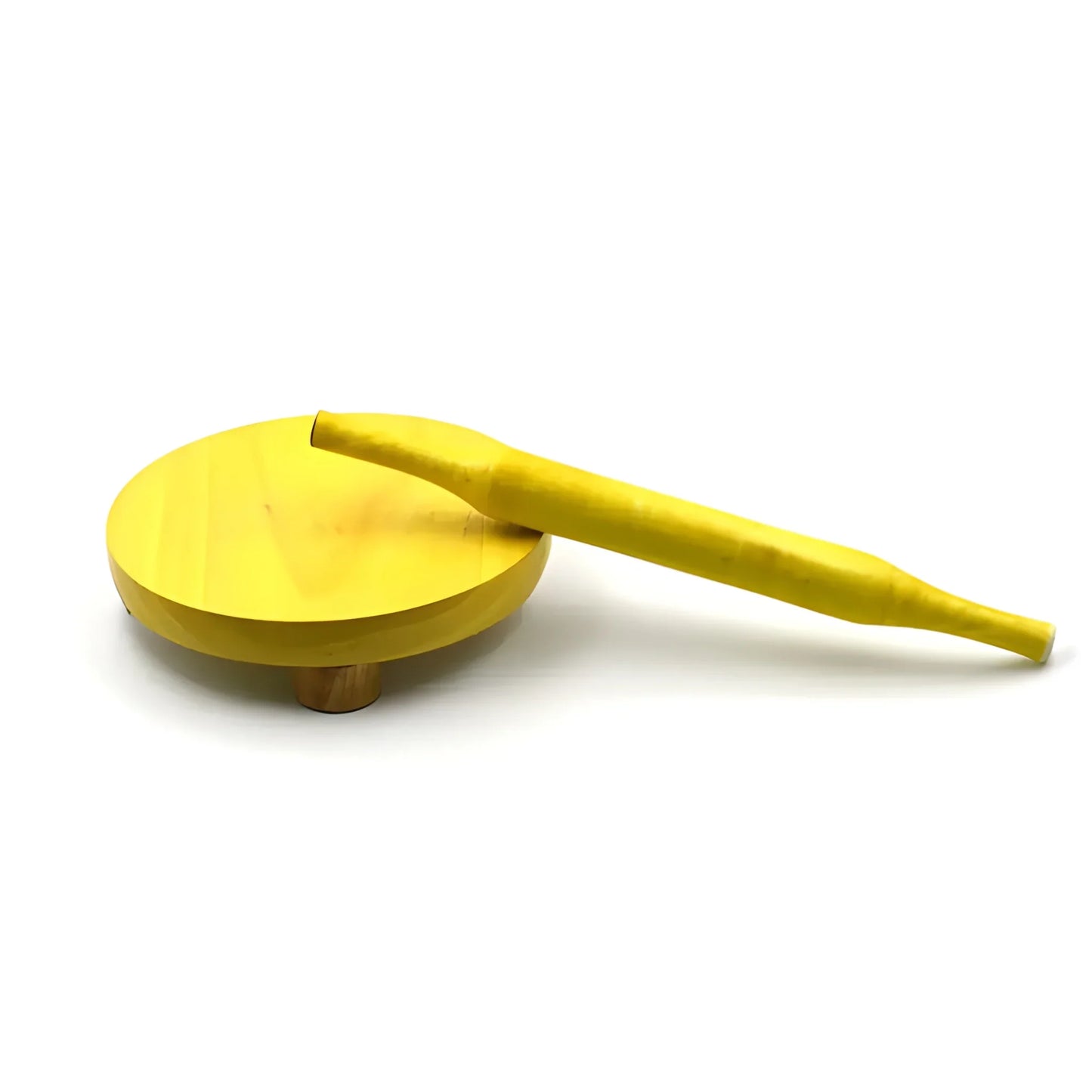 Wooden roti press with yellow handle and round base