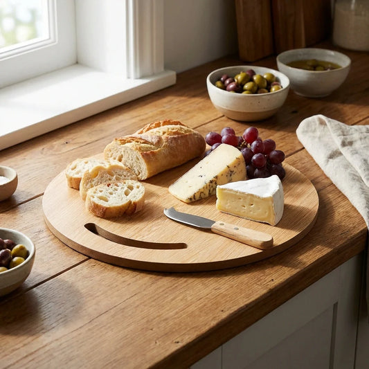 Round wooden chopping board with bread and cheese on top