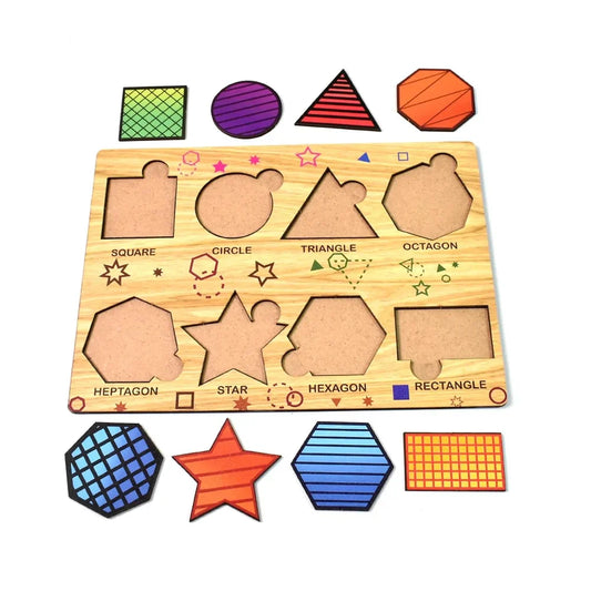 Wooden triangle puzzle board with geometric cutout shapes and matching pieces