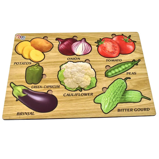 Wooden vegetable puzzle board with illustrated vegetable pieces and labels