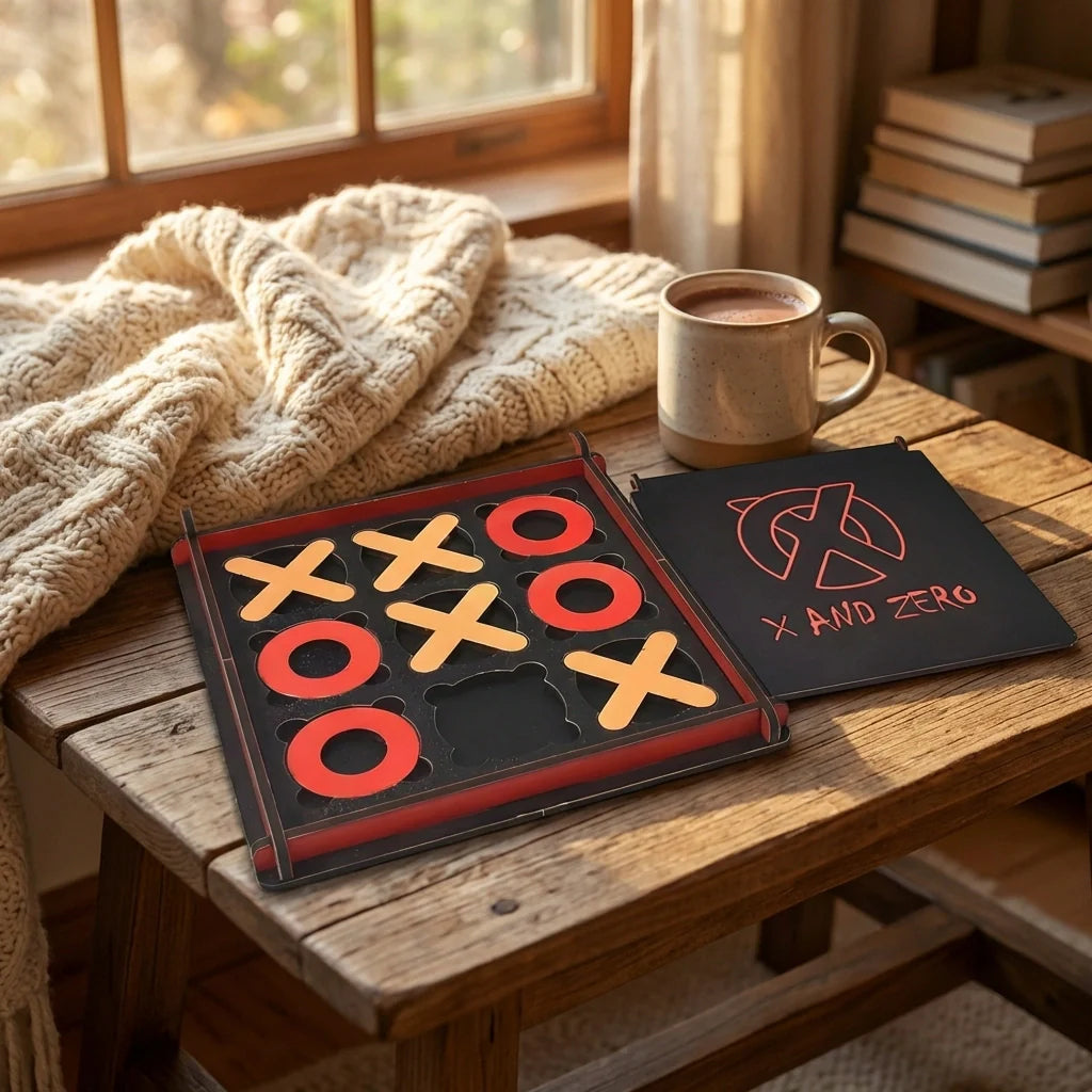 Wooden board game with black playing surface and red X and zero symbols