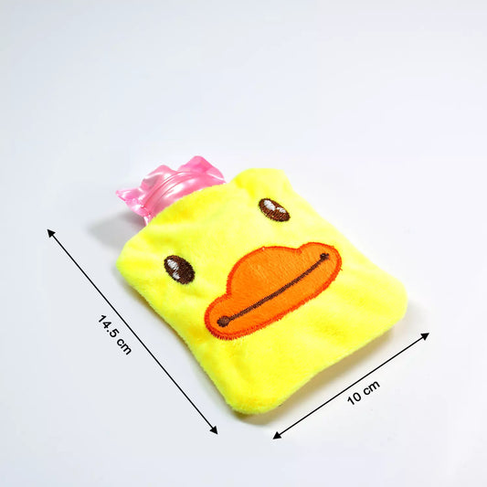 Yellow duck plush hot water bag cover with pink cap, duck face front