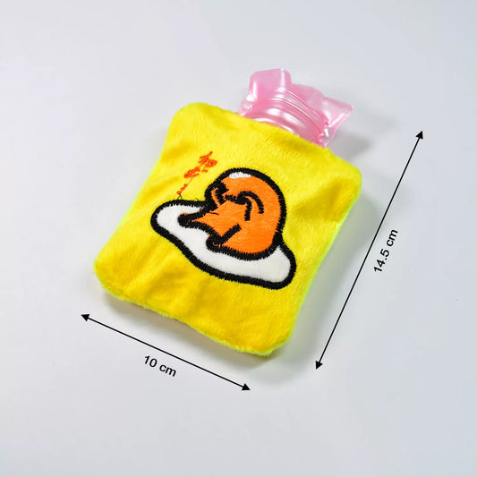 Yellow plush duck hot water bottle cover with pink bottle, square design