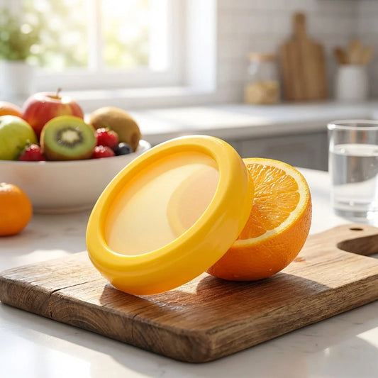 Yellow fruit storage box with open lid, round container shape