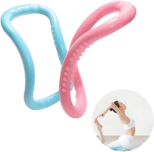 Blue and pink yoga ring with raised grips for pilates, flexible fitness circle