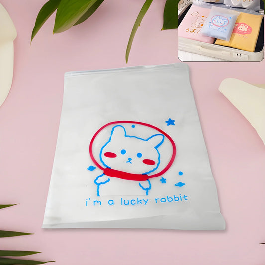 White zip-up stationery pouch with lucky rabbit graphic and text