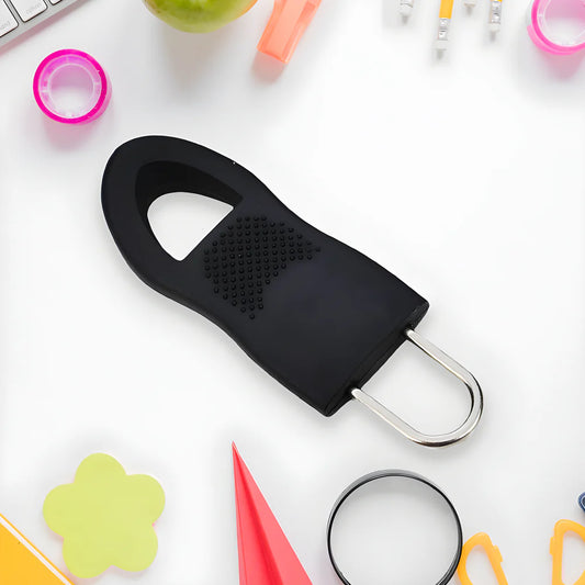 Black zipper pull tab with metal ring loop